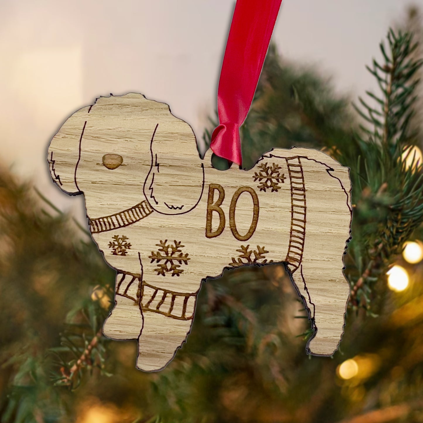 Personalised Maltese Bauble Jumper Dog Bauble - Oak Veneer Wood - Add any name