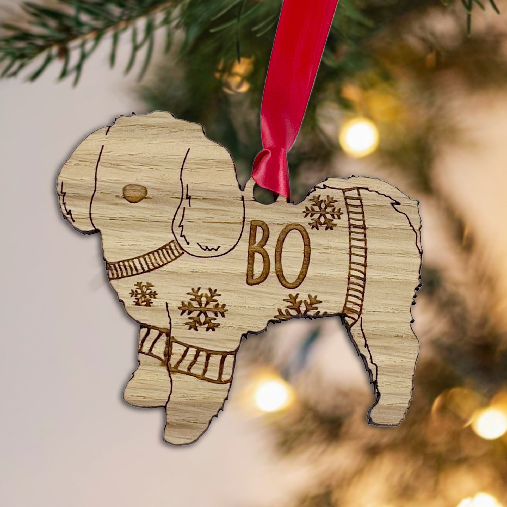 Personalised Maltese Bauble Jumper Dog Bauble - Oak Veneer Wood - Add any name