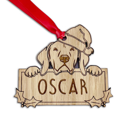 Personalised Hungarian Vizla Dog Bauble - Peeking Dog - Oak Veneer Wood - Add your own name!