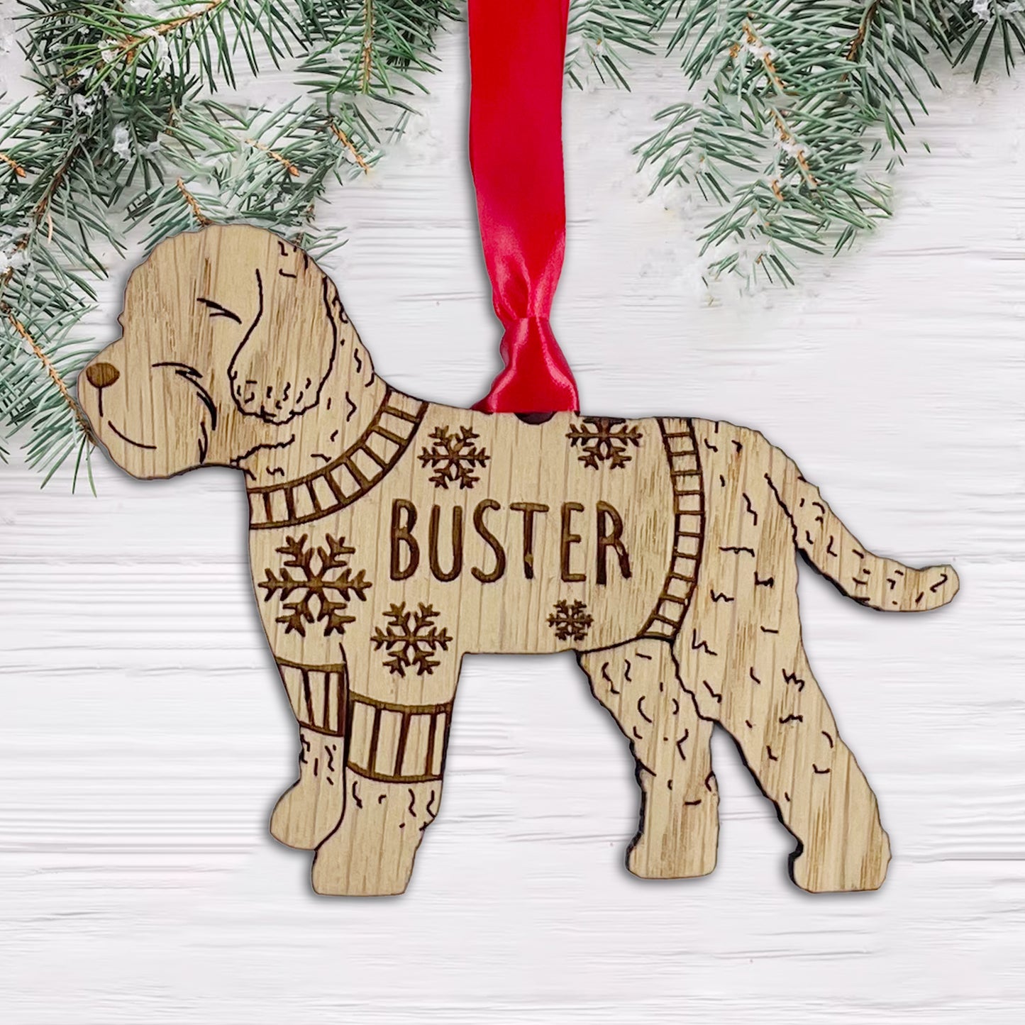 Personalised Cockapoo Bauble Jumper Dog Bauble - Oak Veneer Wood - Add any name