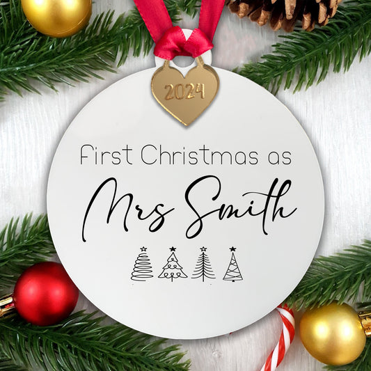 Personalised First Christmas as Mrs Surname  Tree Decoration Bauble - Acrylic