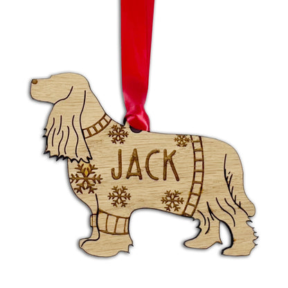 Personalised Cocker Spaniel Bauble Jumper Dog Bauble - Oak Veneer Wood - Add any name