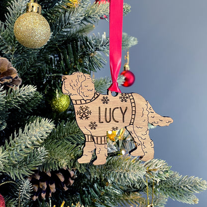 Personalised Laradoodle Bauble Jumper Dog Bauble - Oak Veneer Wood - Add any name