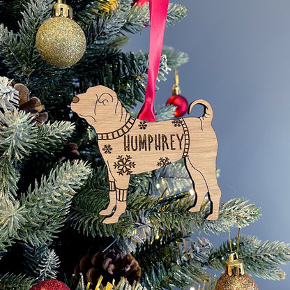 Personalised Chinese Shar-Pei Bauble Jumper Dog Bauble - Oak Veneer Wood - Add any name