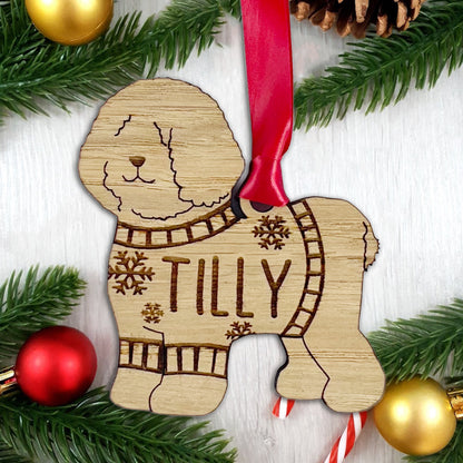 Personalised Bichon Frise Bauble Jumper Dog Bauble - Oak Veneer Wood - Add any name