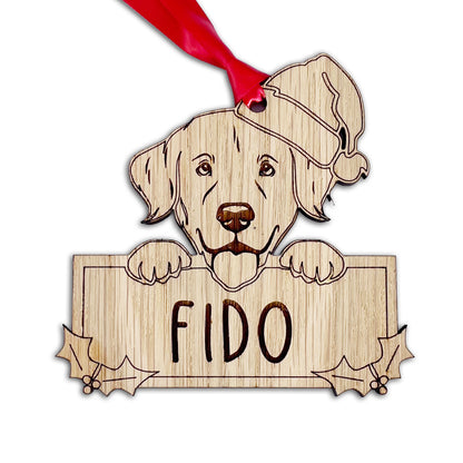 Personalised Golden Retriever Dog Bauble - Peeking Dog - Oak Veneer Wood - Add your own name!