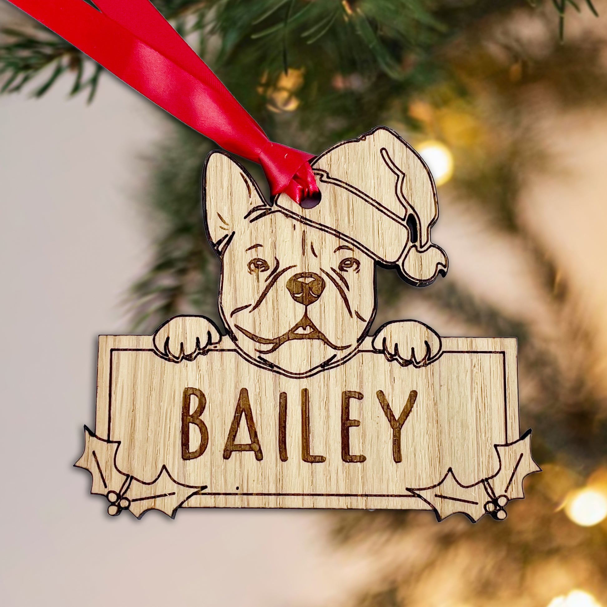 Personalised French Bull Dog Bauble - Peeking Dog - Oak Veneer Wood - Add your own name!