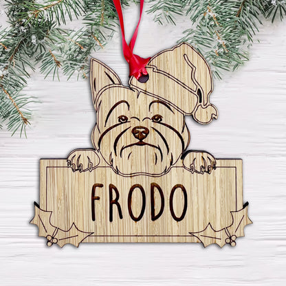 Personalised Yorkshire Terrier Dog Bauble - Peeking Dog - Oak Veneer Wood - Add your own name!