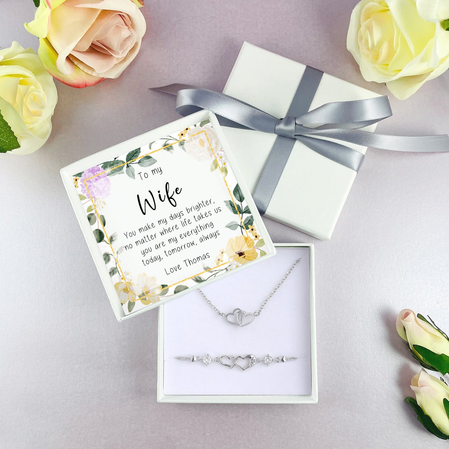 Personalised Wife Jewellery Gift Box Set - Bracelet & Necklace - Perfect for Valentines, Anniversary, Birthday, Christmas, Thank you