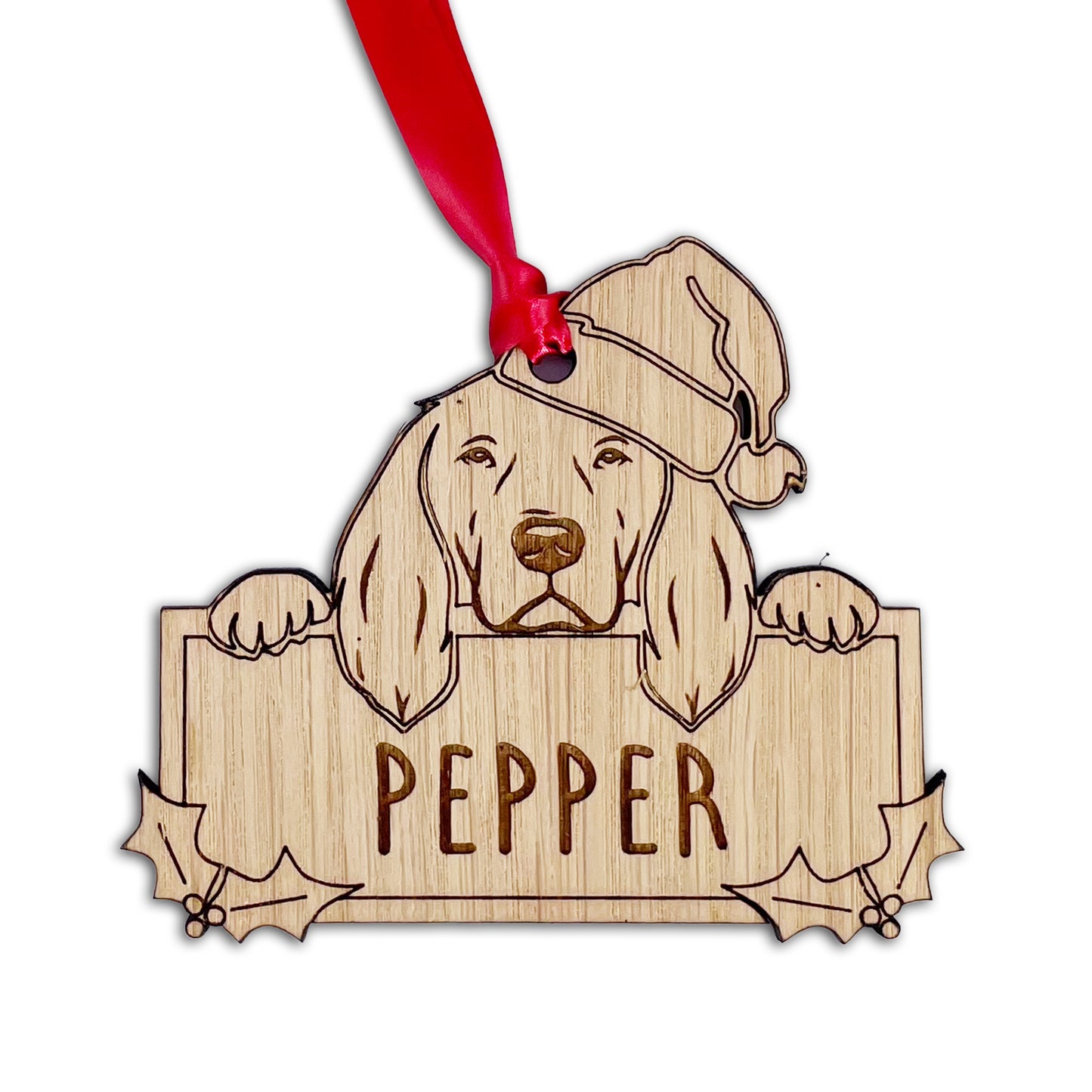 Personalised Springer Spaniel Dog Bauble - Peeking Dog - Oak Veneer Wood - Add your own name!