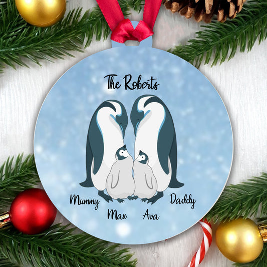 Personalised Penguin Family Blue Bauble - 2 Children