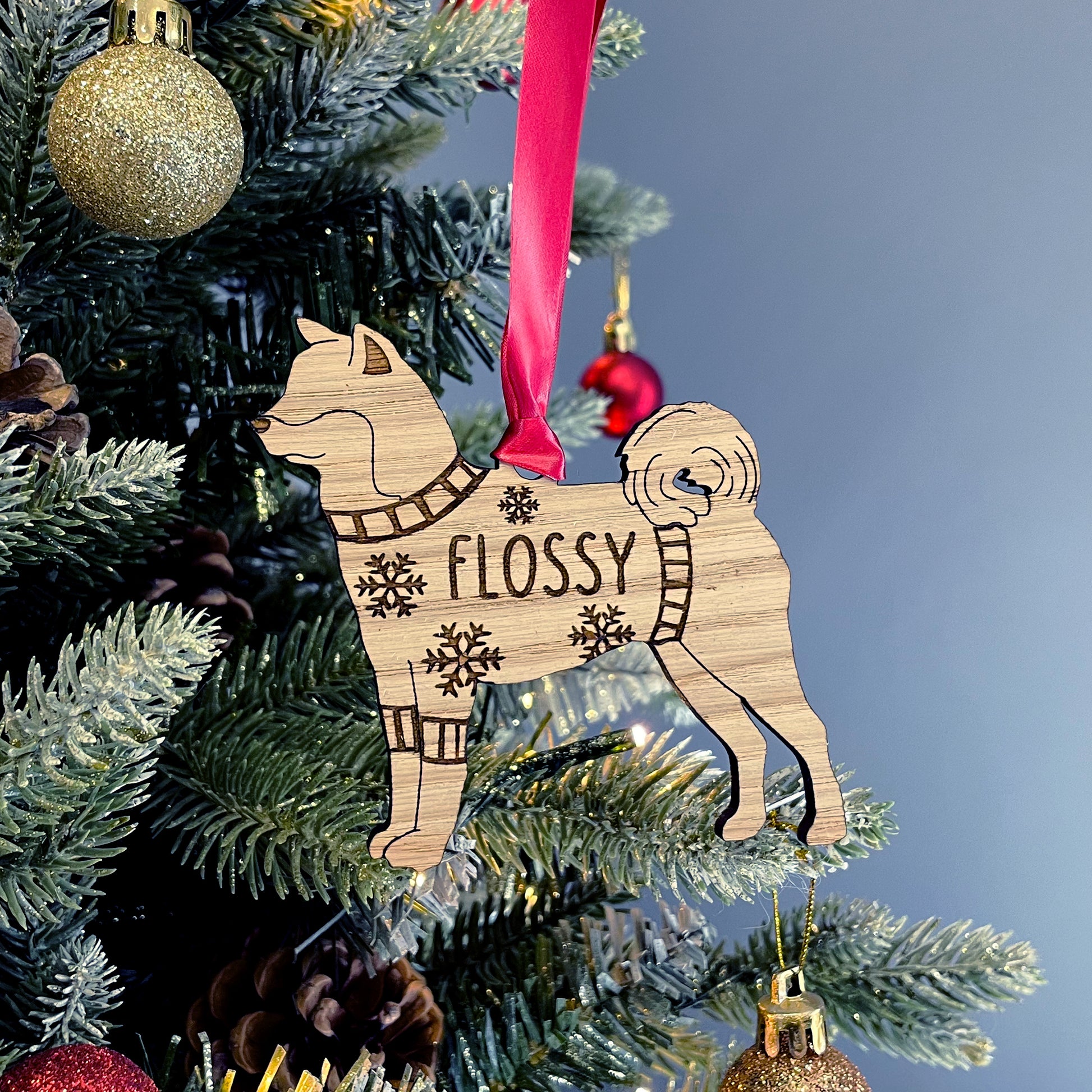 Personalised Akita Bauble Jumper Dog Bauble - Oak Veneer Wood - Add any name