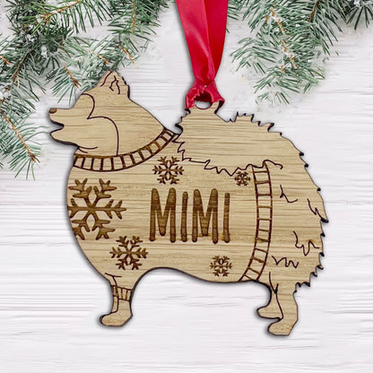 Personalised Pomeranian Bauble Jumper Dog Bauble - Oak Veneer Wood - Add any name