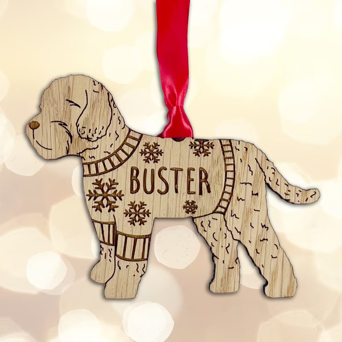 Personalised Cockapoo Bauble Jumper Dog Bauble - Oak Veneer Wood - Add any name