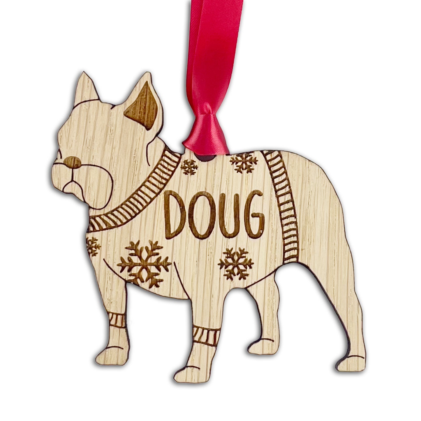 Personalised French Bulldog Bauble Jumper Dog Bauble - Oak Veneer Wood - Add any name