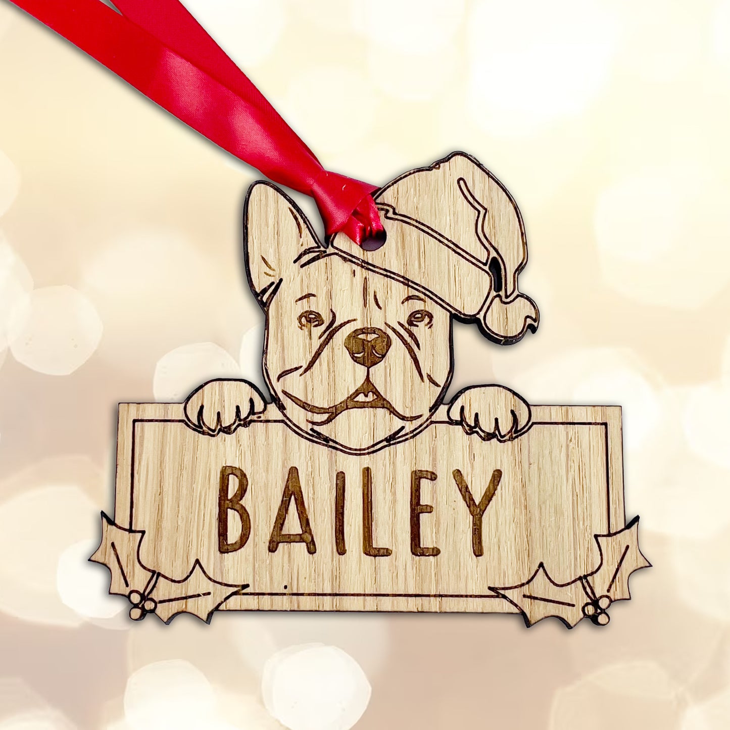 Personalised French Bull Dog Bauble - Peeking Dog - Oak Veneer Wood - Add your own name!