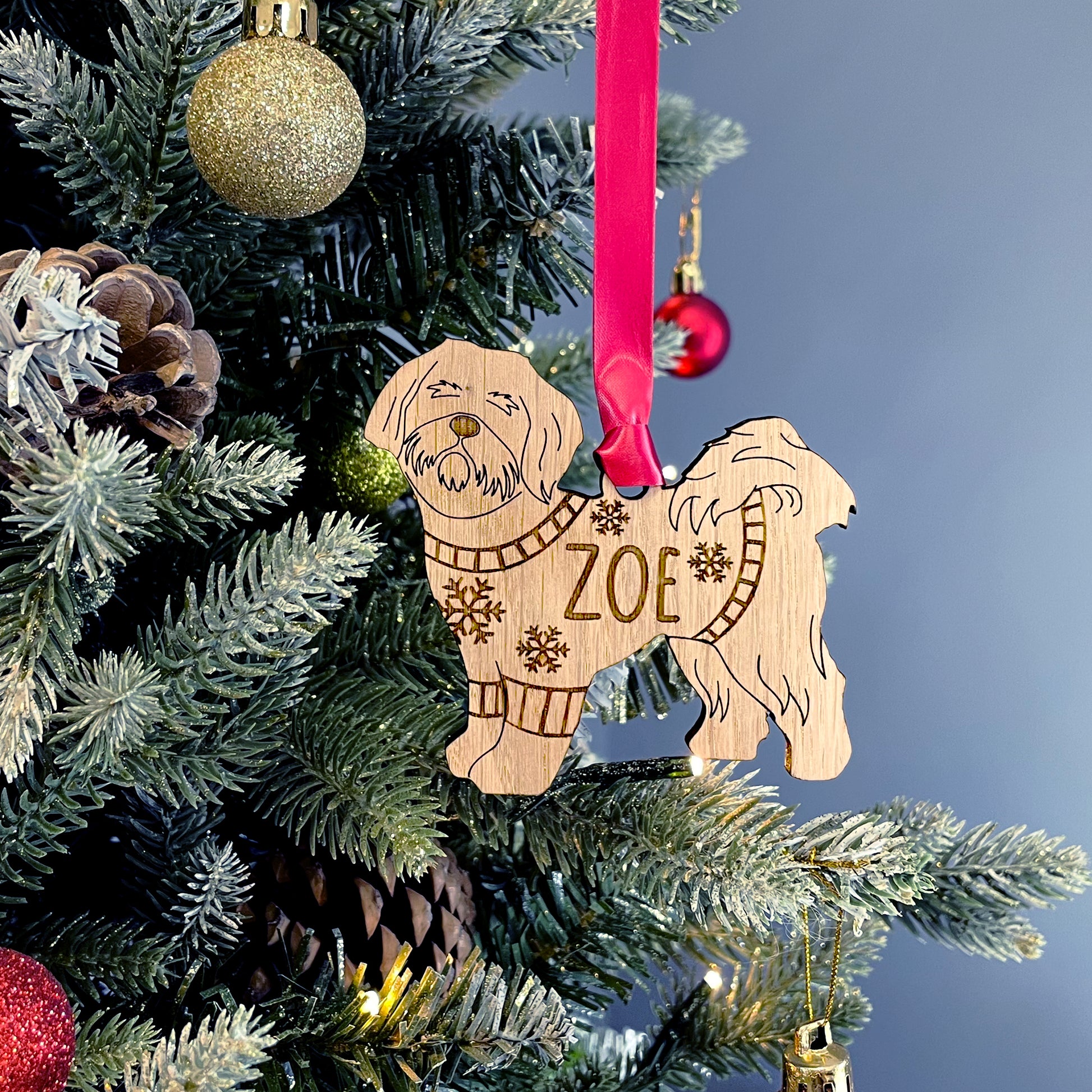 Personalised Shih Tzu Bauble Jumper Dog Bauble - Oak Veneer Wood - Add any name