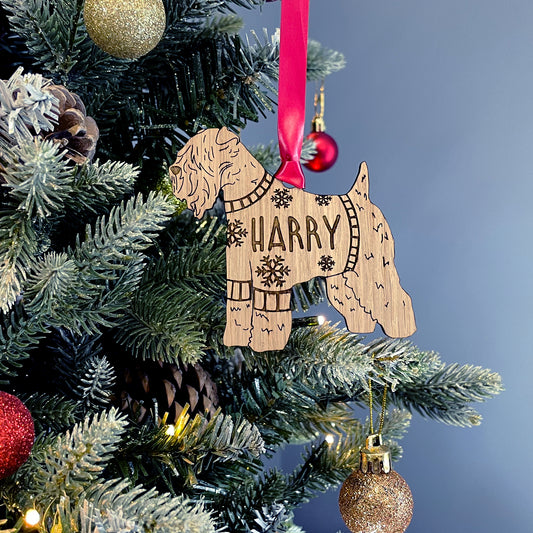 Personalised Soft Coated Wheaten Terrier Bauble Jumper Dog Bauble - Oak Veneer Wood - Add any name