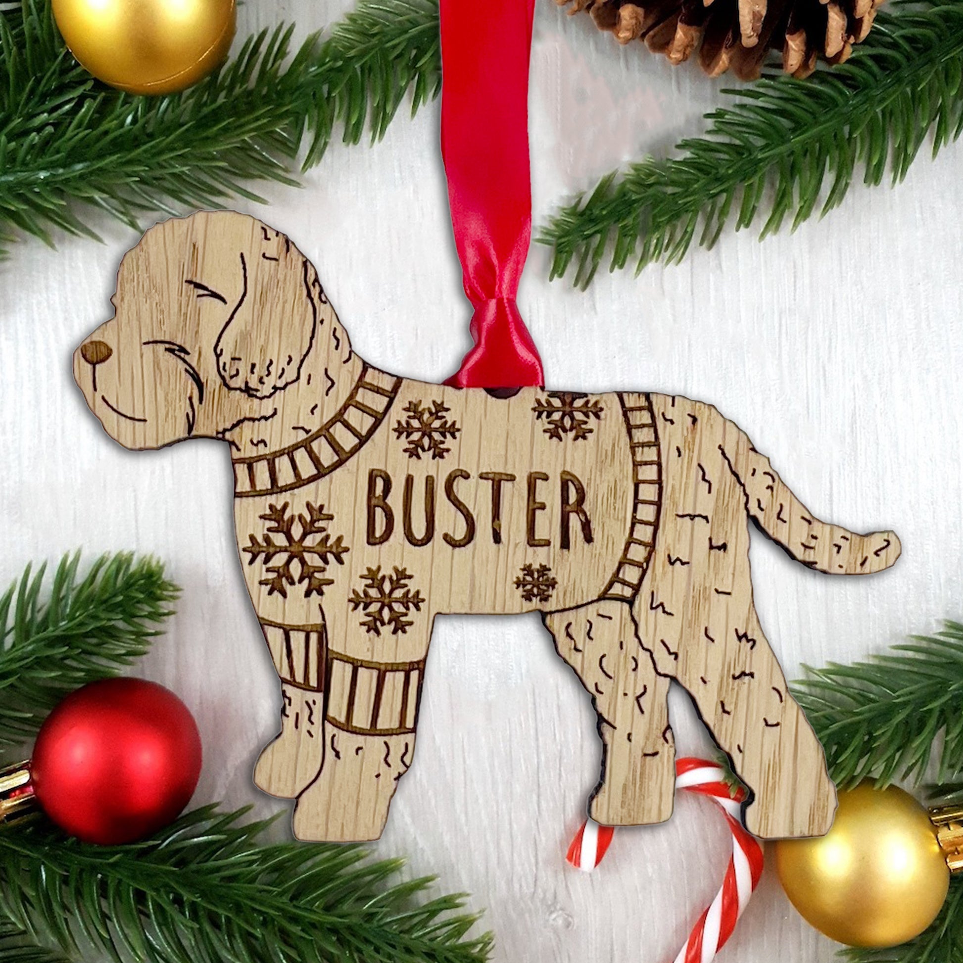 Personalised Cockapoo Bauble Jumper Dog Bauble - Oak Veneer Wood - Add any name