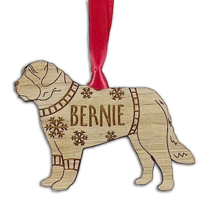 Personalised St Bernard Bauble Jumper Dog Bauble - Oak Veneer Wood - Add any name
