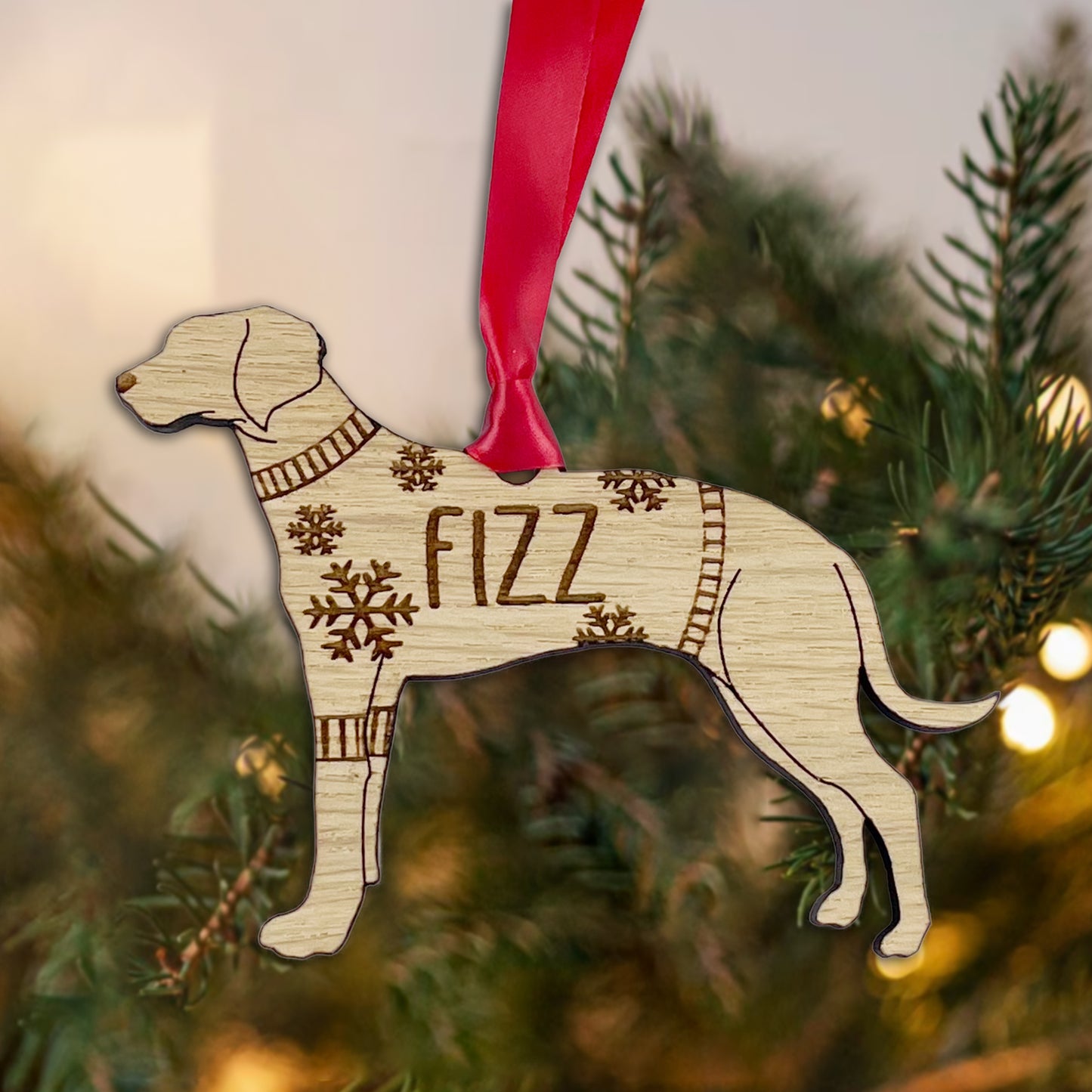 Personalised Rhodesian Bauble Jumper Dog Bauble - Oak Veneer Wood - Add any name