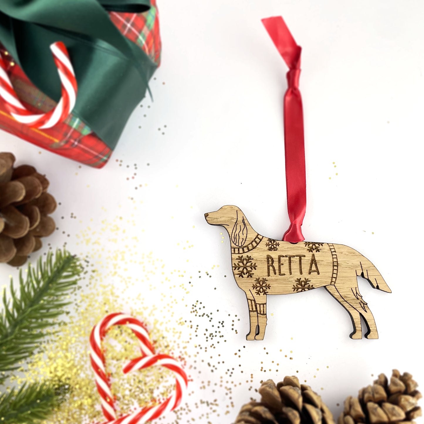 Personalised Red Setter Bauble Jumper Dog Bauble - Oak Veneer Wood - Add any name