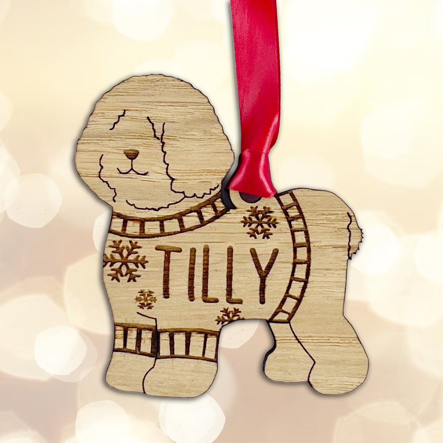 Personalised Bichon Frise Bauble Jumper Dog Bauble - Oak Veneer Wood - Add any name