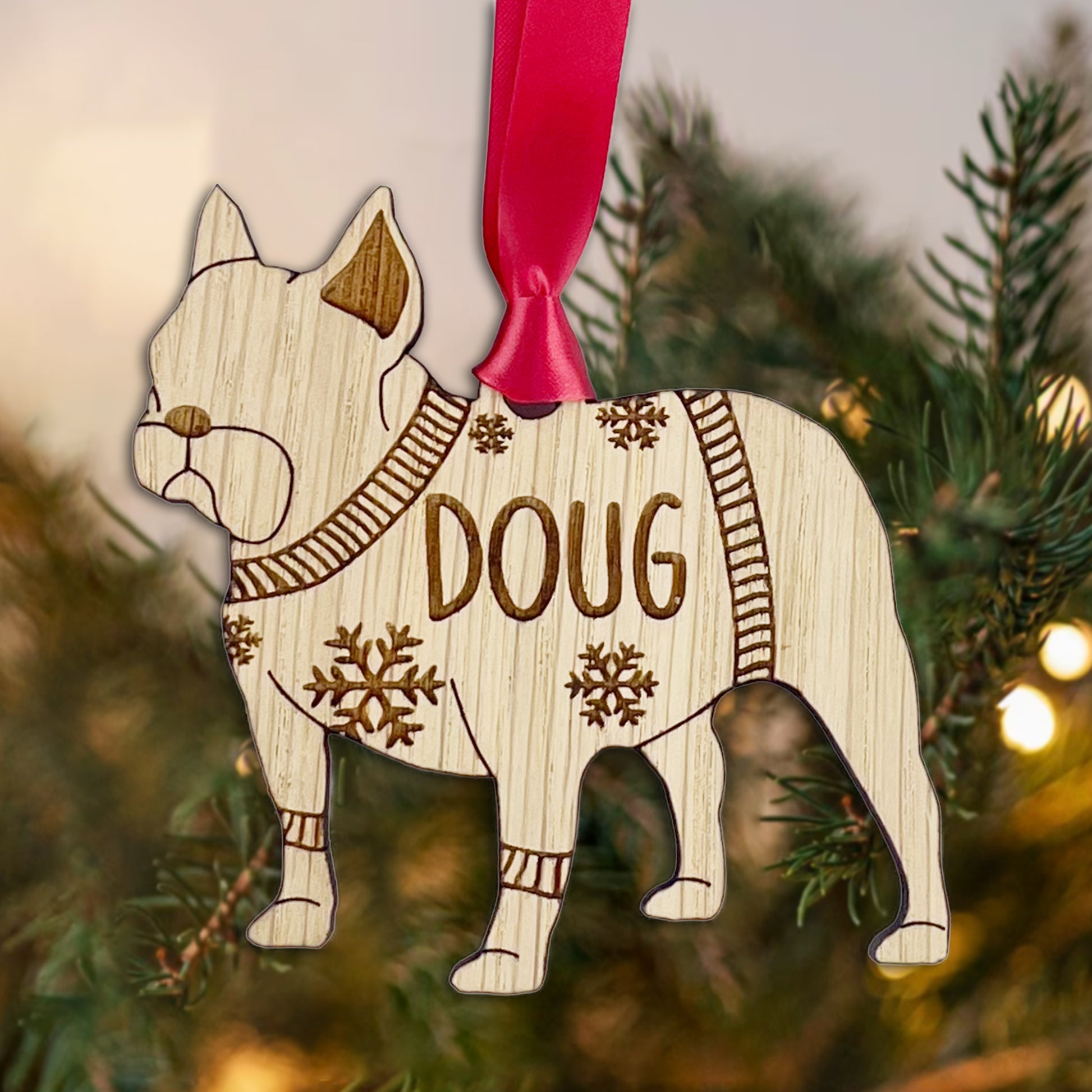 Personalised French Bulldog Bauble Jumper Dog Bauble - Oak Veneer Wood - Add any name