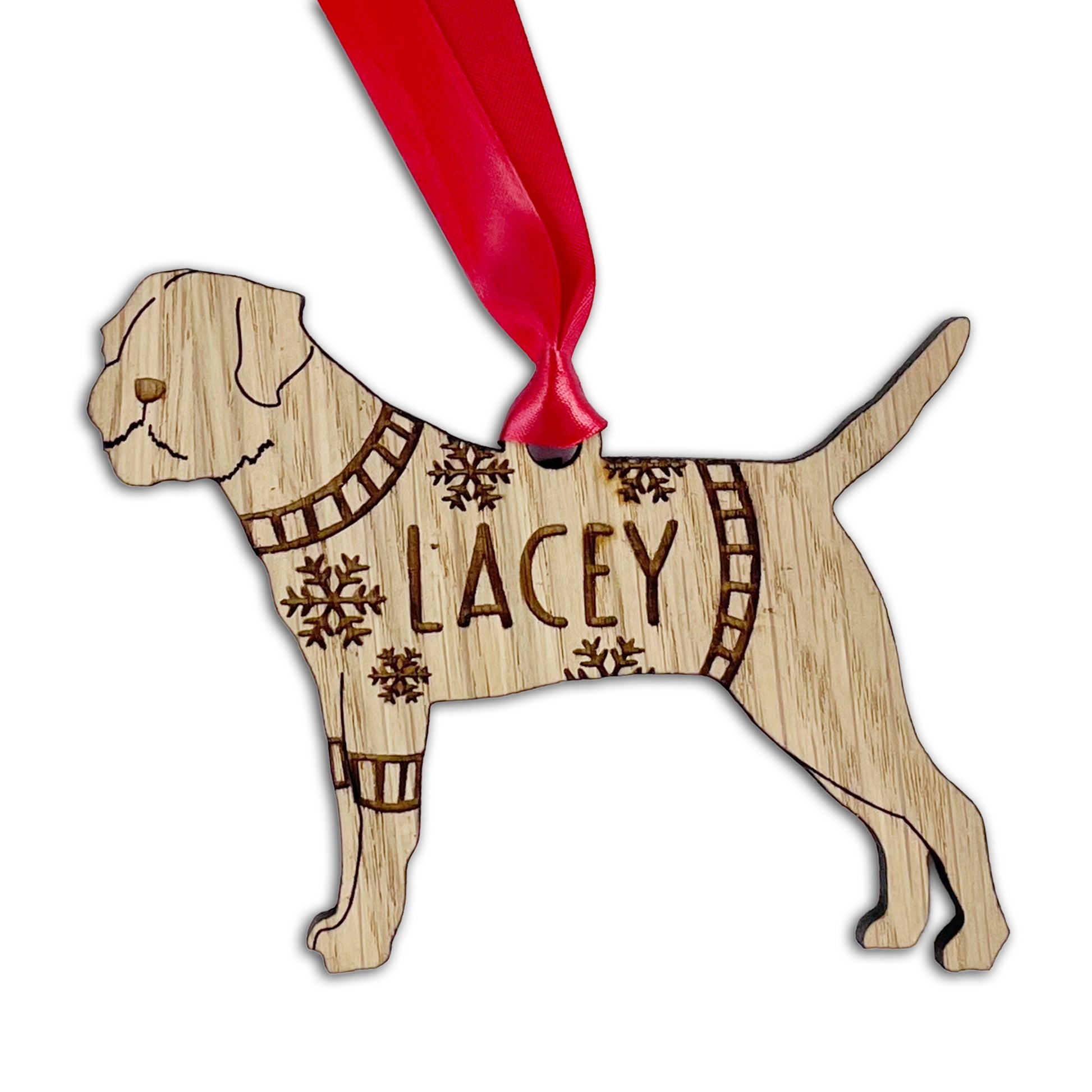 Personalised Border Terrier Bauble Jumper Dog Bauble - Oak Veneer Wood - Add any name