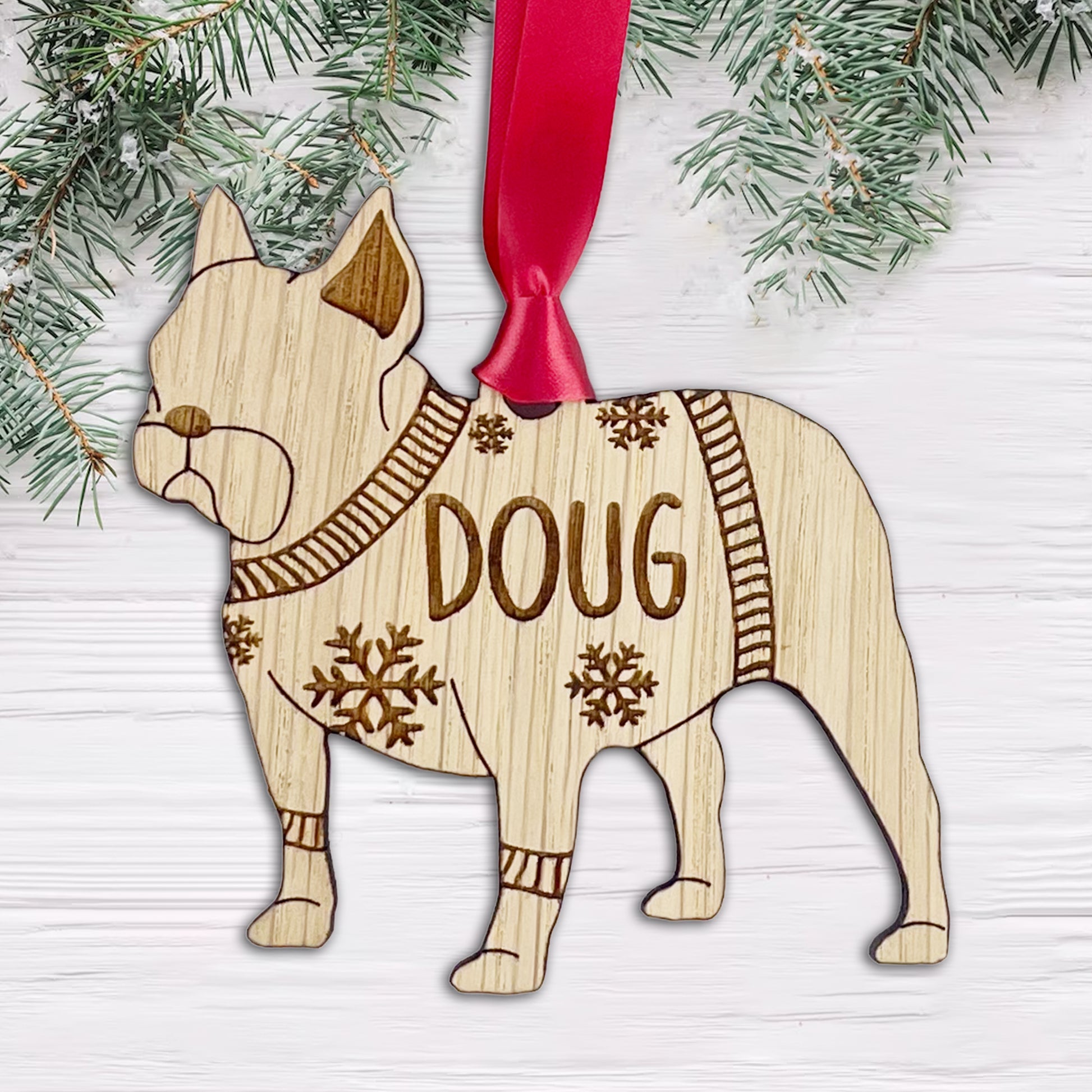 Personalised French Bulldog Bauble Jumper Dog Bauble - Oak Veneer Wood - Add any name