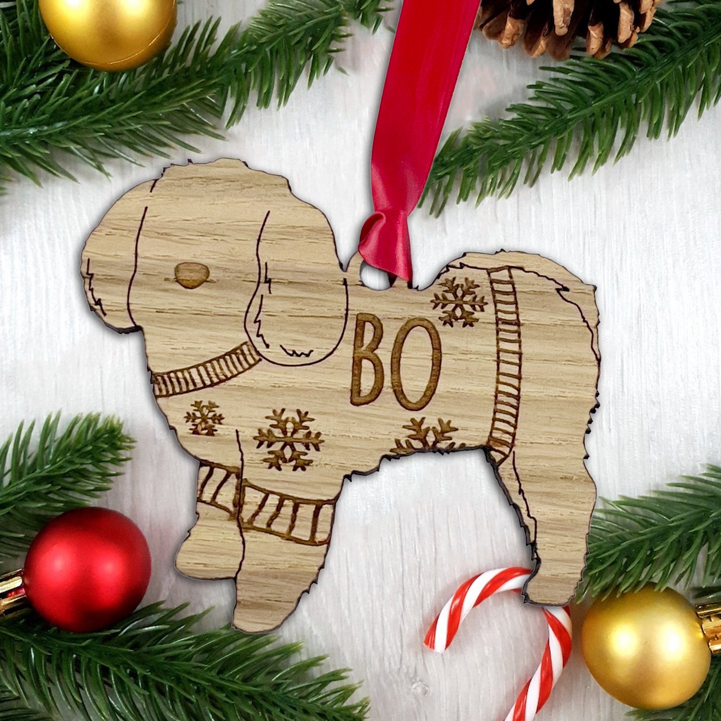 Personalised Maltese Bauble Jumper Dog Bauble - Oak Veneer Wood - Add any name