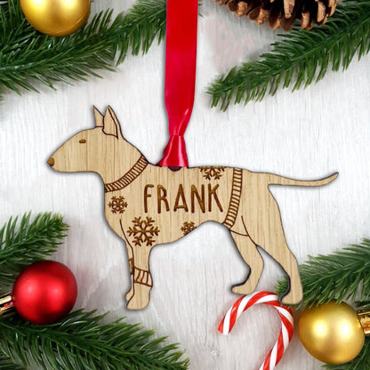 Personalised English Bull Terrier Bauble Jumper Dog Bauble - Oak Veneer Wood - Add any name