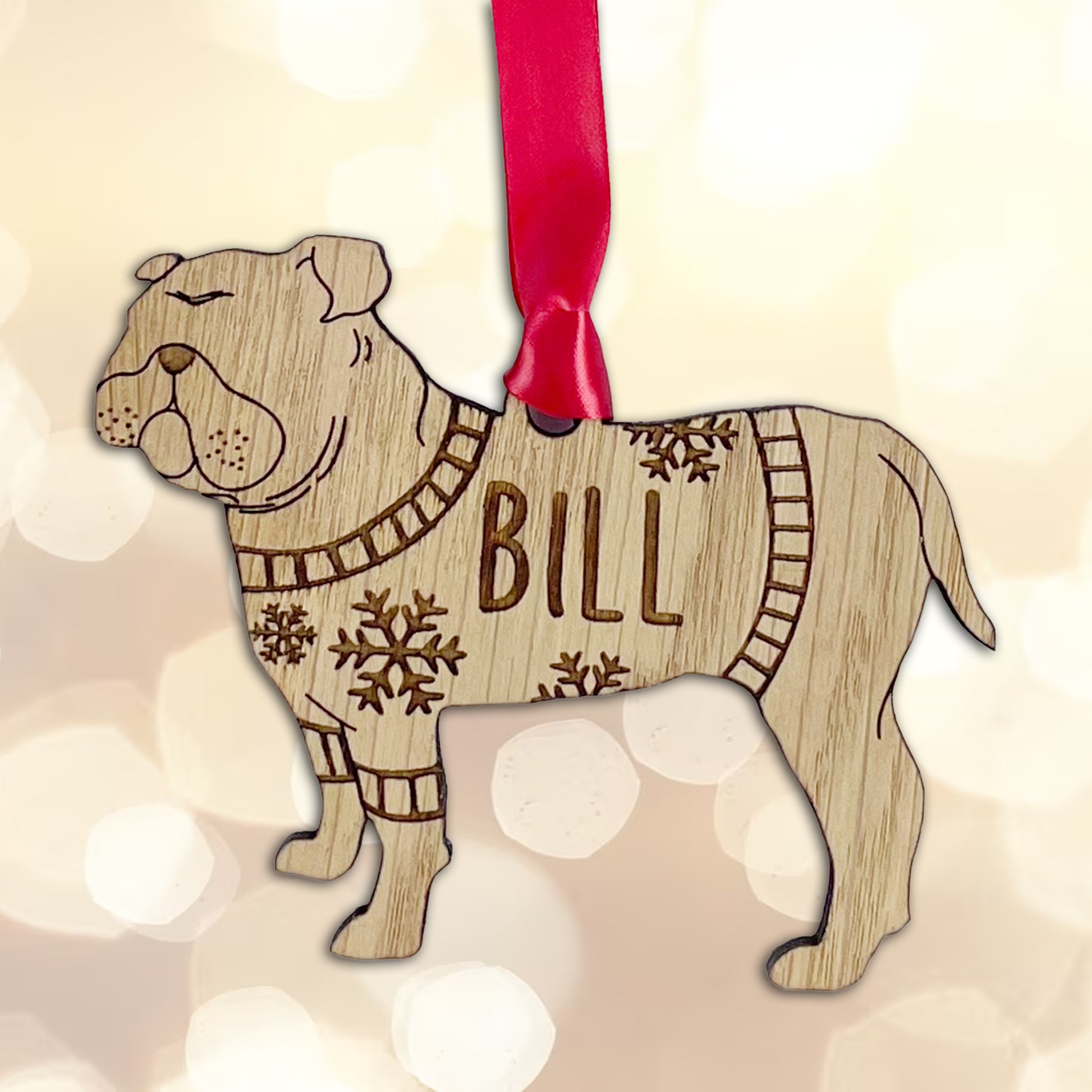 Personalised Bulldog Bauble Jumper Dog Bauble - Oak Veneer Wood - Add any name