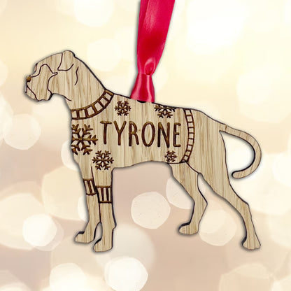 Personalised Boxer Bauble Jumper Dog Bauble - Oak Veneer Wood - Add any name