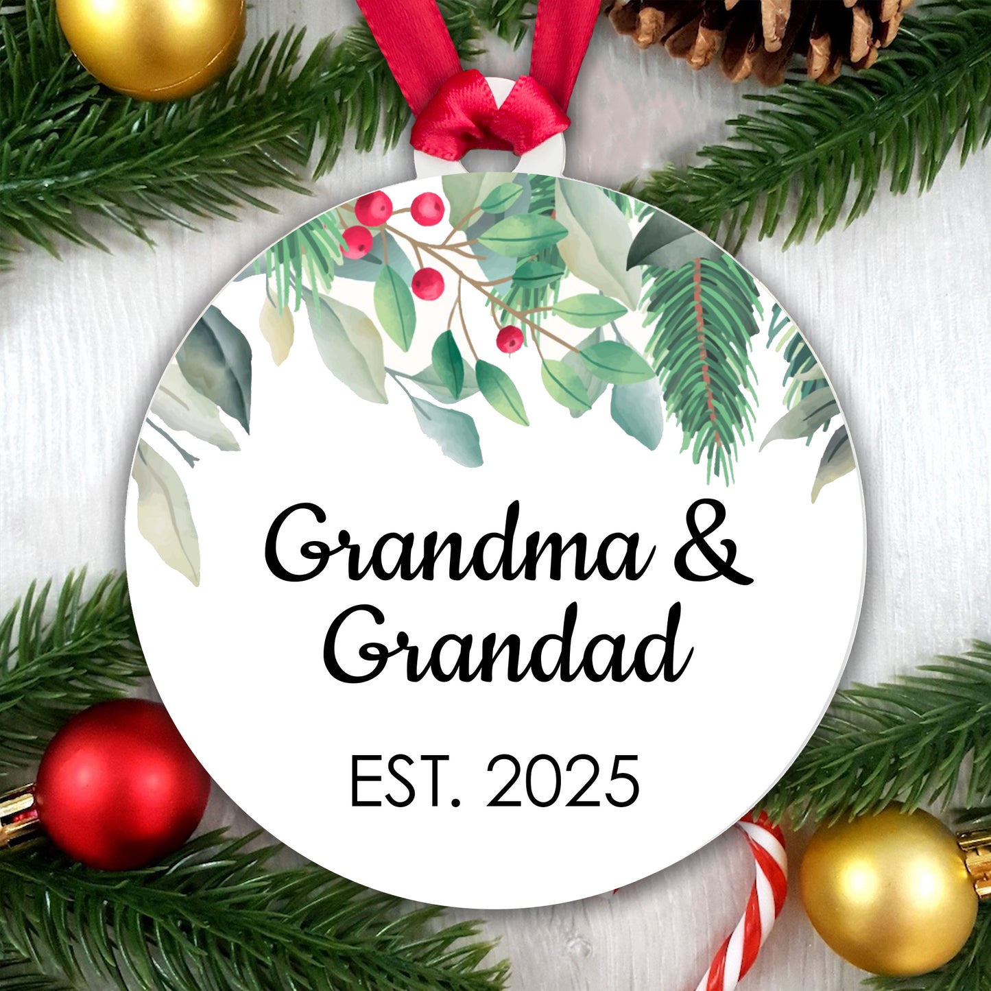 Grandma Grandad Est 2025 Bauble Pregnancy Announcement First Year Grandparents - Gift Boxed