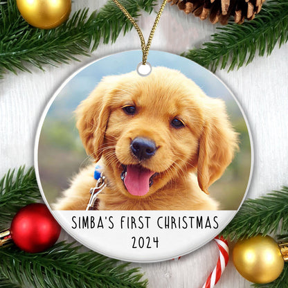 Personalised Pet's First Christmas Photo Bauble, Puppy Dog or Pet Xmas Tree Decoration - Gift Boxed