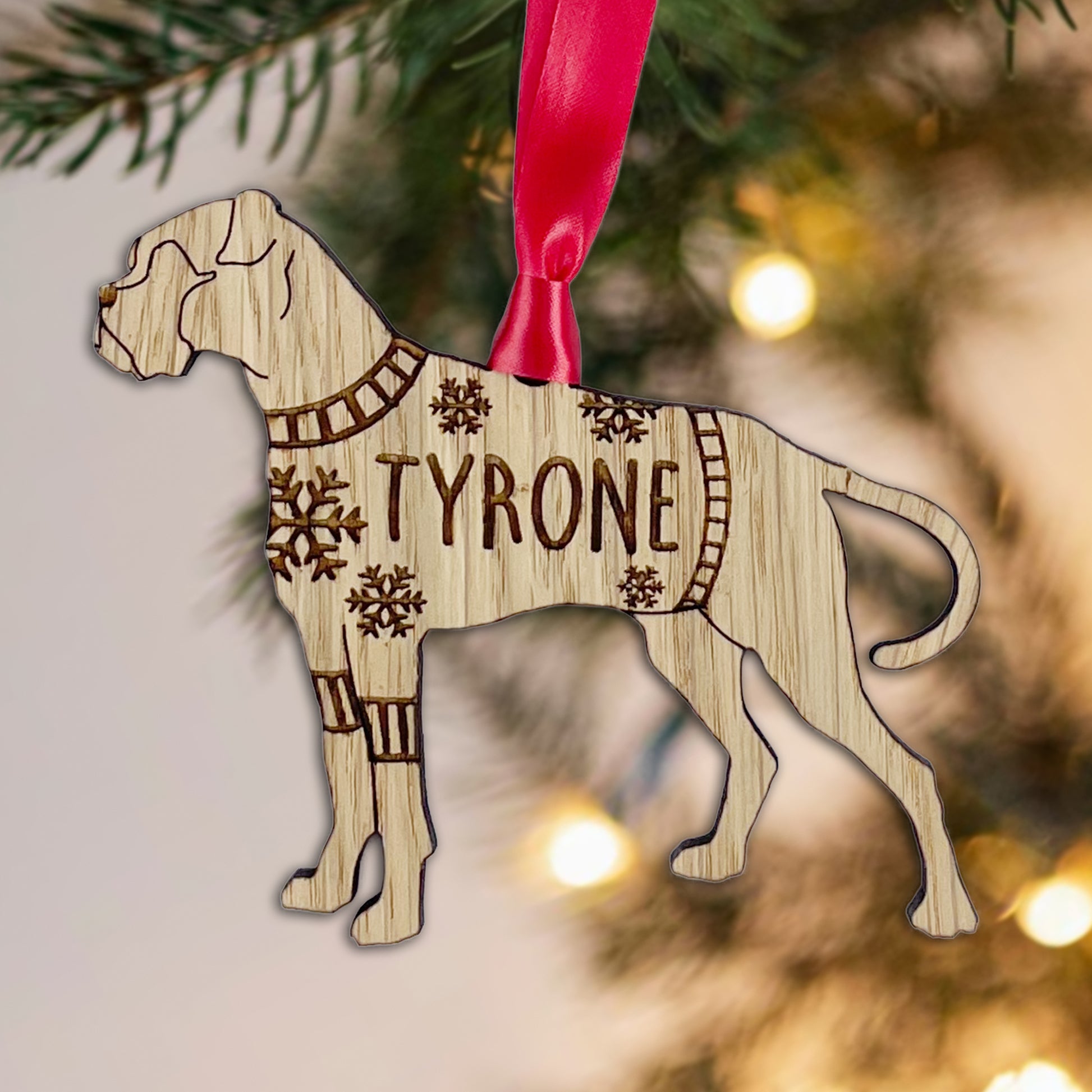 Personalised Boxer Bauble Jumper Dog Bauble - Oak Veneer Wood - Add any name