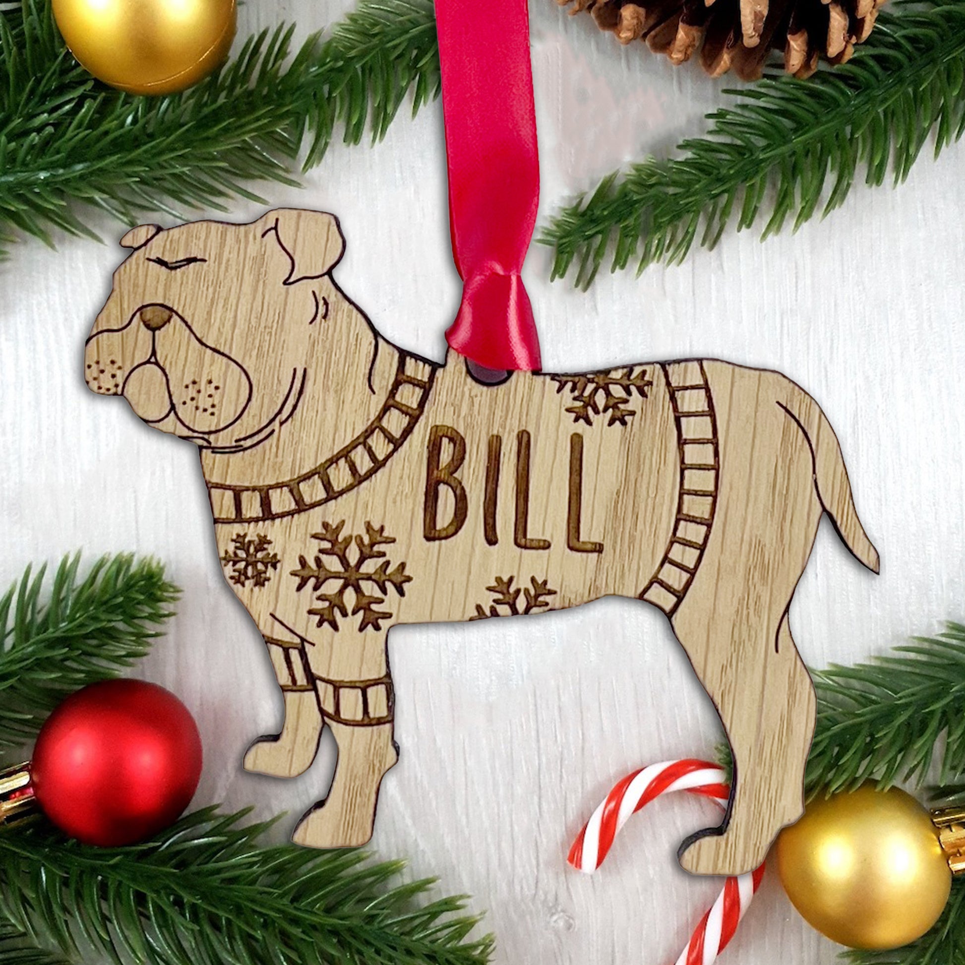 Personalised Bulldog Bauble Jumper Dog Bauble - Oak Veneer Wood - Add any name