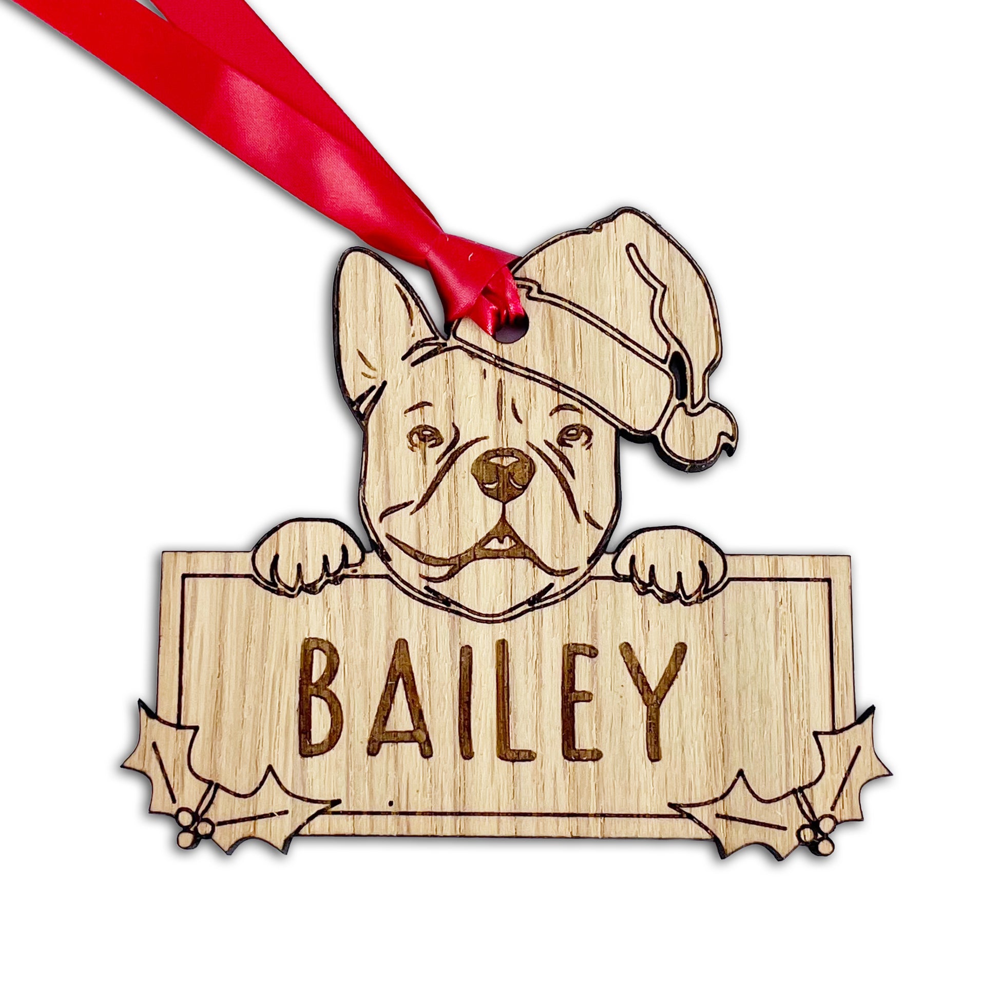 Personalised French Bull Dog Bauble - Peeking Dog - Oak Veneer Wood - Add your own name!