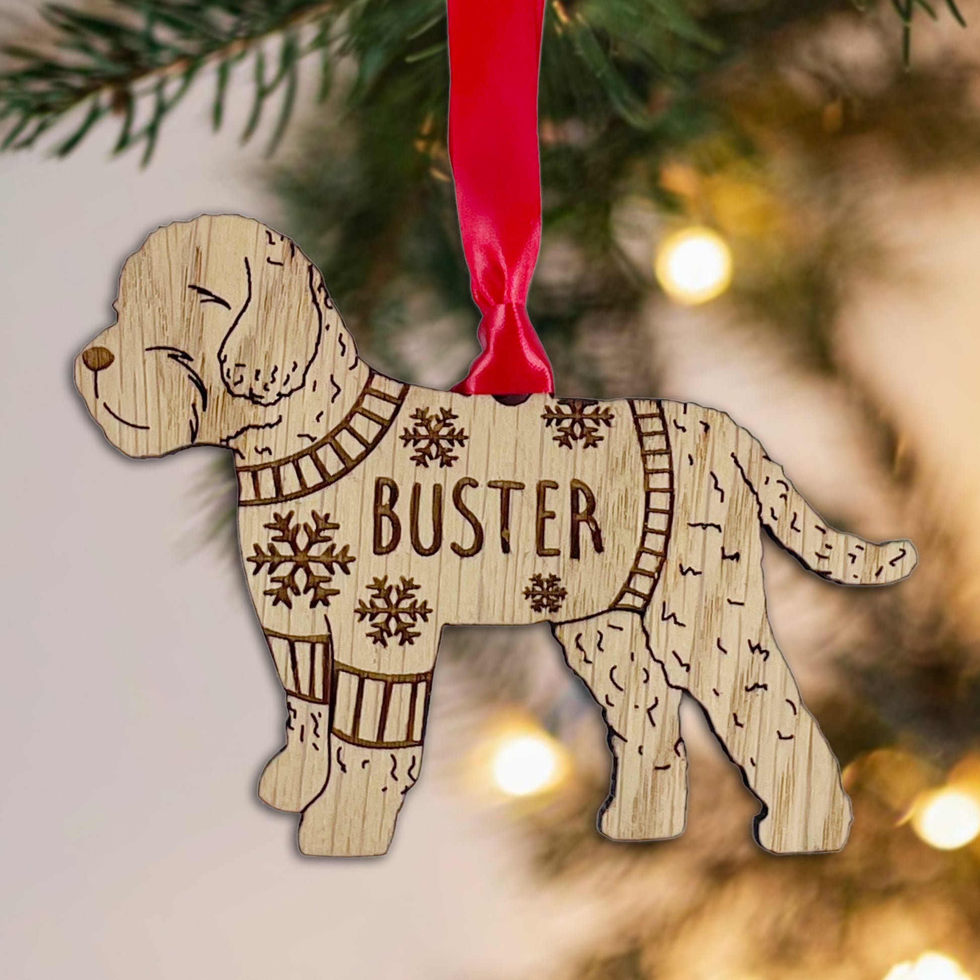 Personalised Cockapoo Bauble Jumper Dog Bauble - Oak Veneer Wood - Add any name