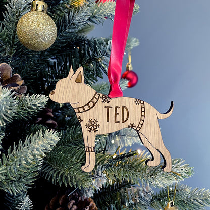 Personalised Boston Terrier Bauble Jumper Dog Bauble - Oak Veneer Wood - Add any name