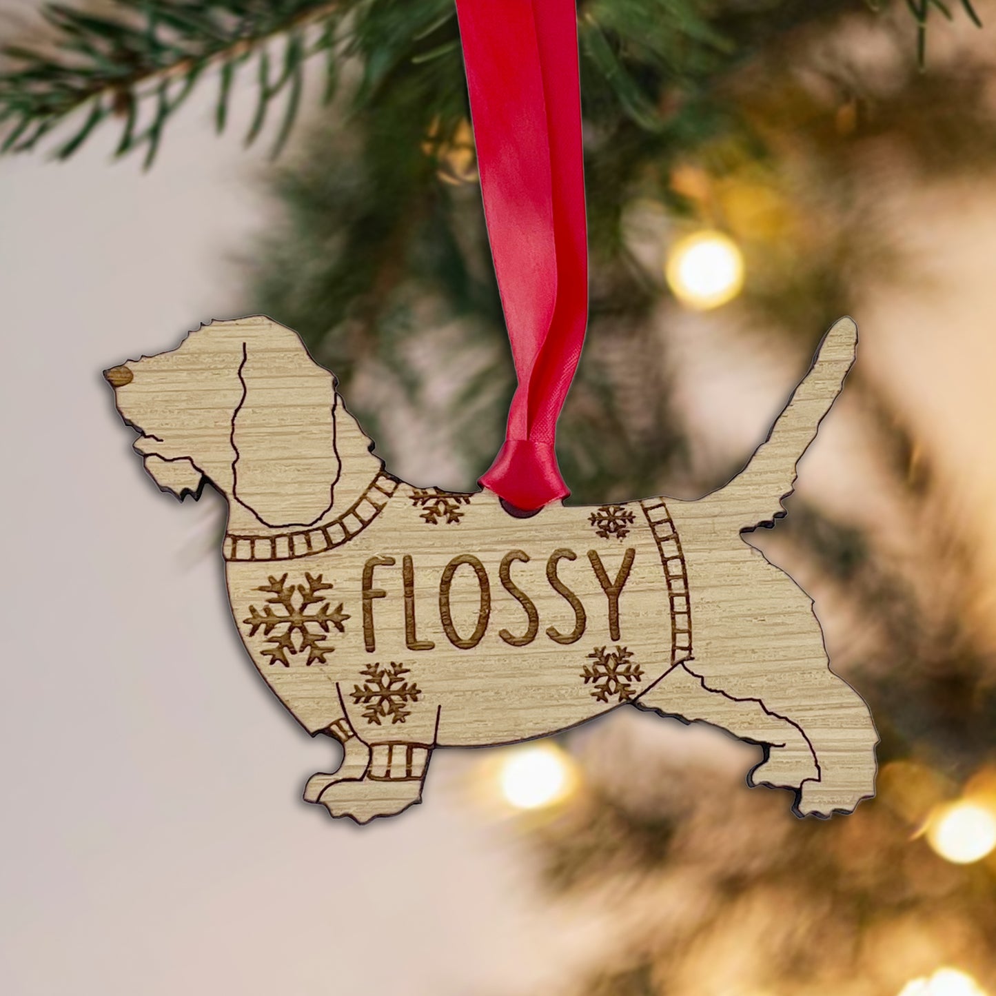 Personalised Petit Basset Griffon Vendeen Bauble Jumper Dog Bauble - Oak Veneer Wood - Add any name