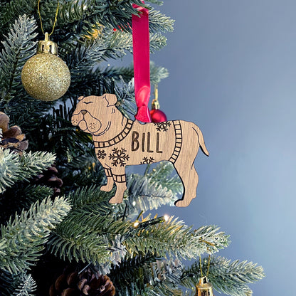 Personalised Bulldog Bauble Jumper Dog Bauble - Oak Veneer Wood - Add any name