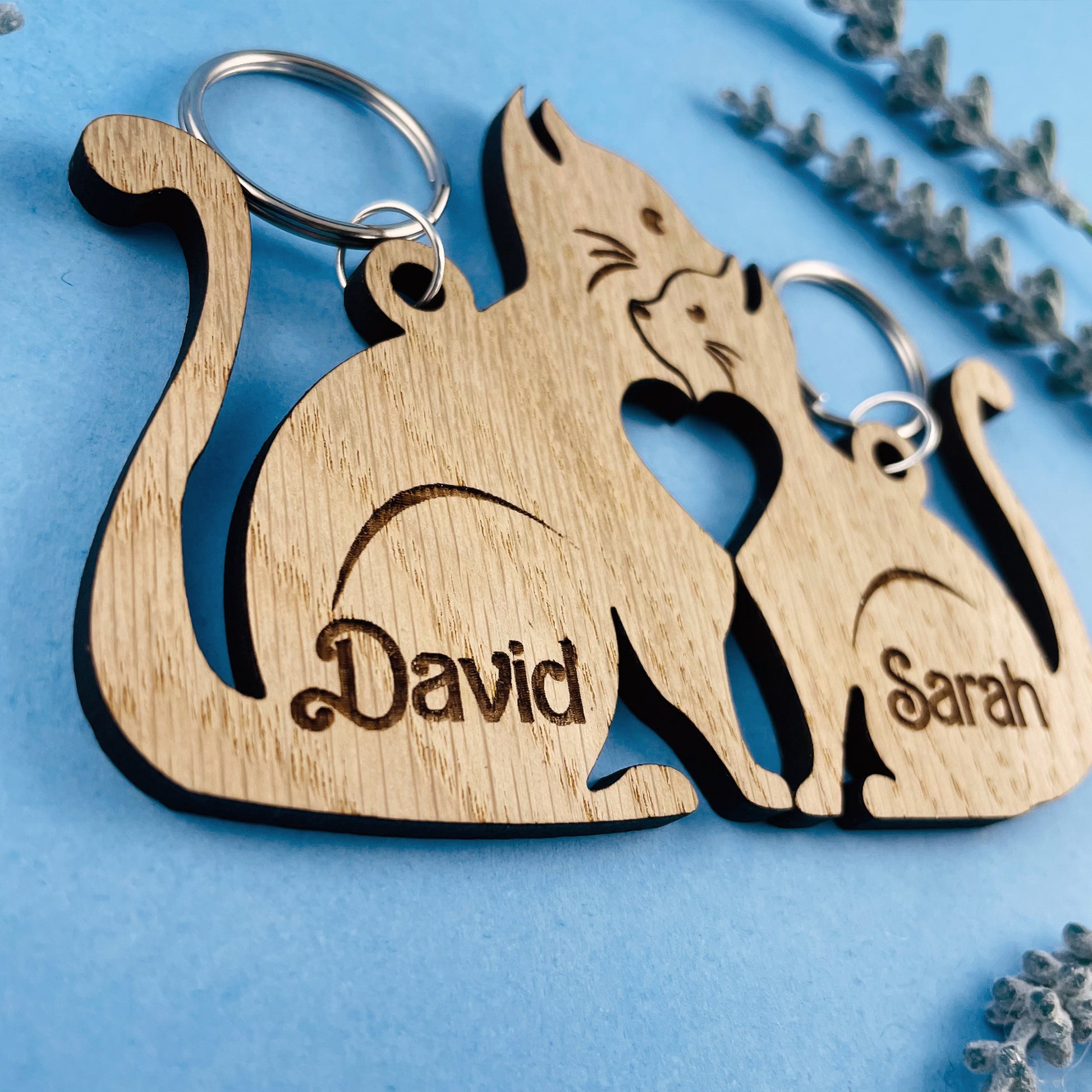 Personalised Cats Keyrings Heart - Add Names - Valentines, Birthday, Anniversary