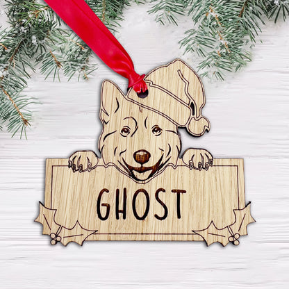 Personalised Husky Dog Bauble - Peeking Dog - Oak Veneer Wood - Add your own name!