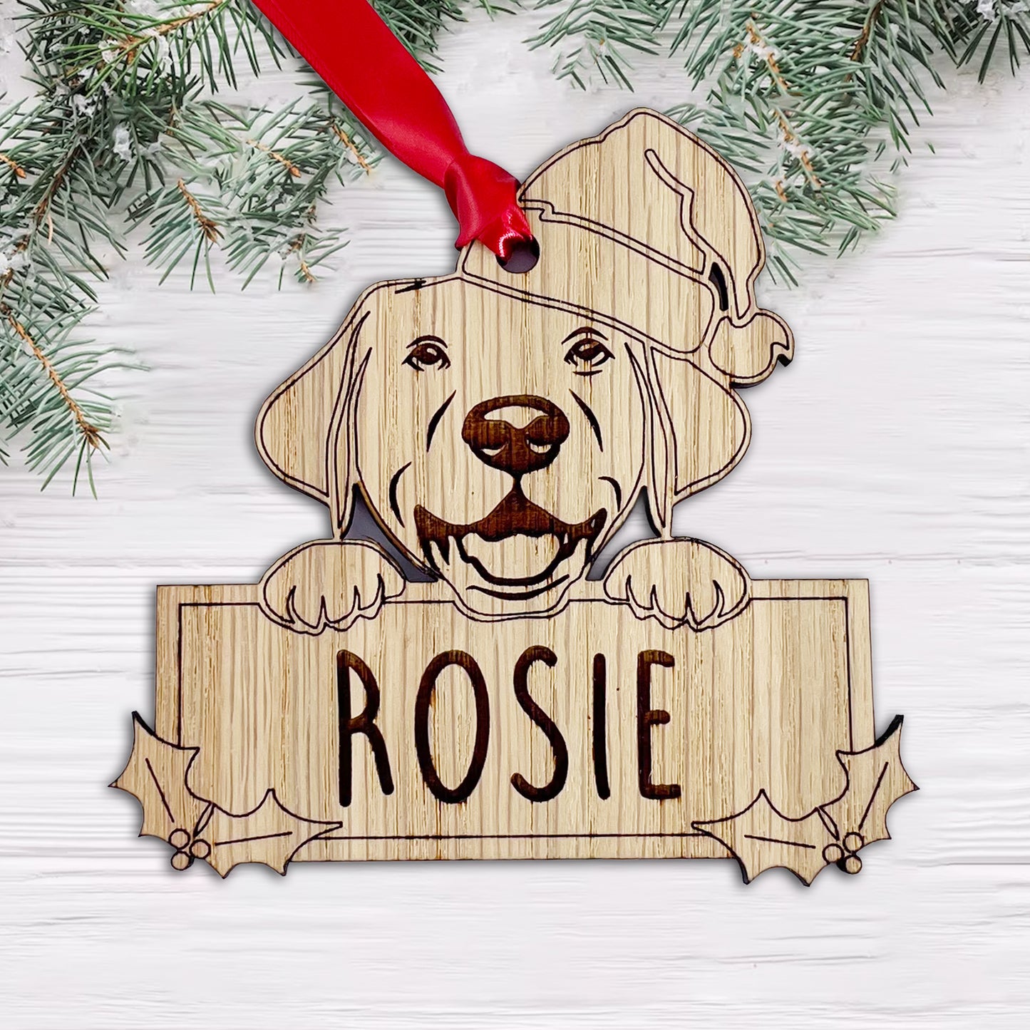 Personalised Labrador Dog Bauble - Peeking Dog - Oak Veneer Wood - Add your own name!