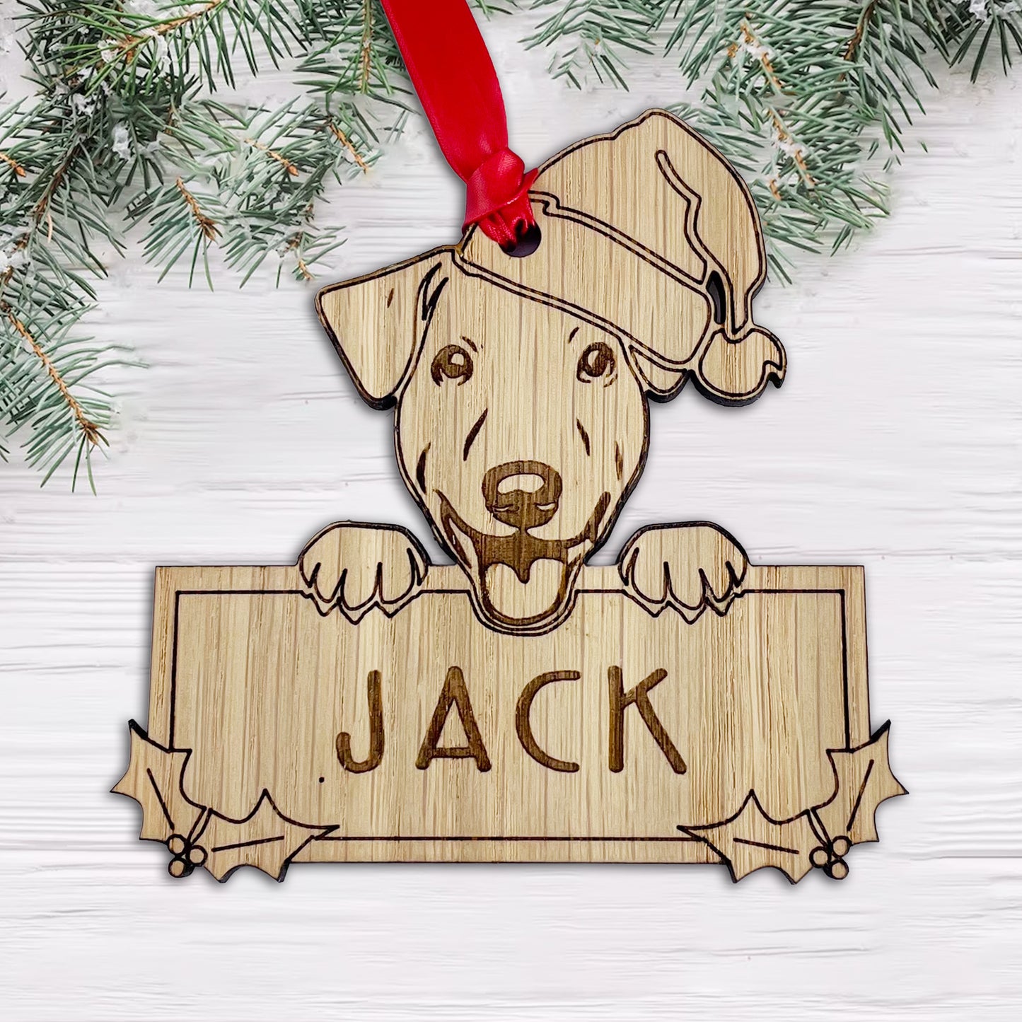 Personalised Jack Russell Dog Bauble - Peeking Dog - Oak Veneer Wood - Add your own name!