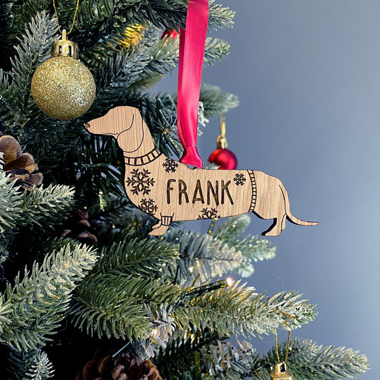 Personalised Dachshund Bauble Jumper Dog Bauble - Oak Veneer Wood - Add any name