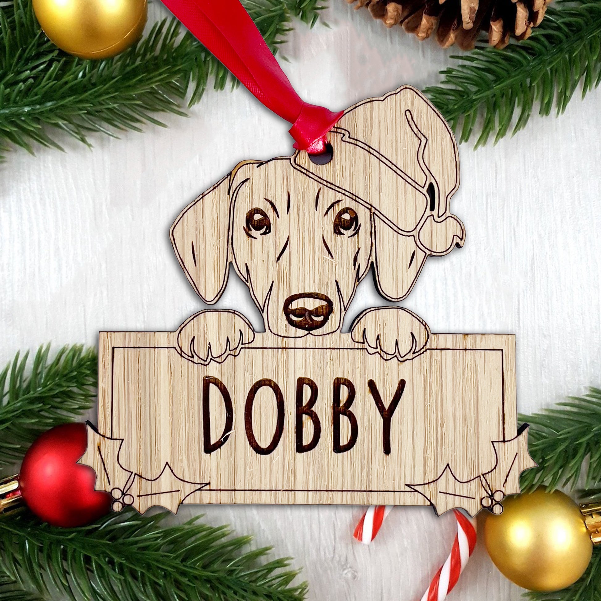 Personalised Dachshund Dog Bauble - Peeking Dog - Oak Veneer Wood - Add your own name!