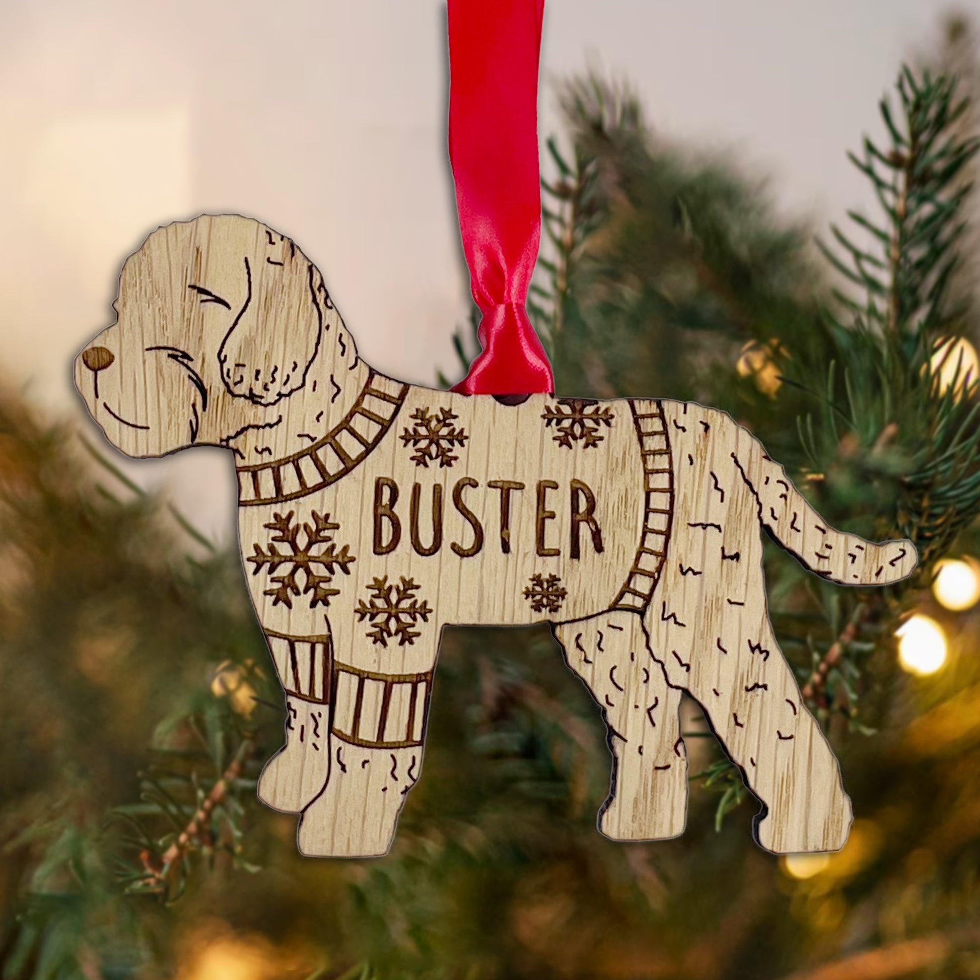 Personalised Cockapoo Bauble Jumper Dog Bauble - Oak Veneer Wood - Add any name